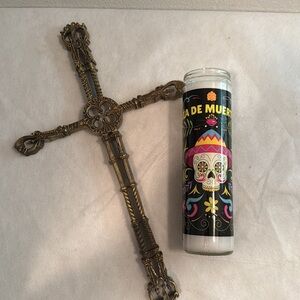 Brass “Day of the Dead” Cross. 14”x8.5” & tall votive candle 8”